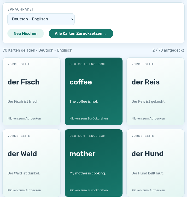 Lernkartei mit Sprachpaket Deutsch - Englisch, zwei Karten sind umgedreht